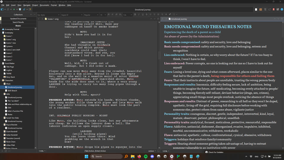 A screenshot of the program Scrivener in dark mode, split into two windows, with a screenplay on the left and notes on the right titled "Emotional Wound Thesaurus notes" above bold coral-colored text reading "being responsible for others and failing them."