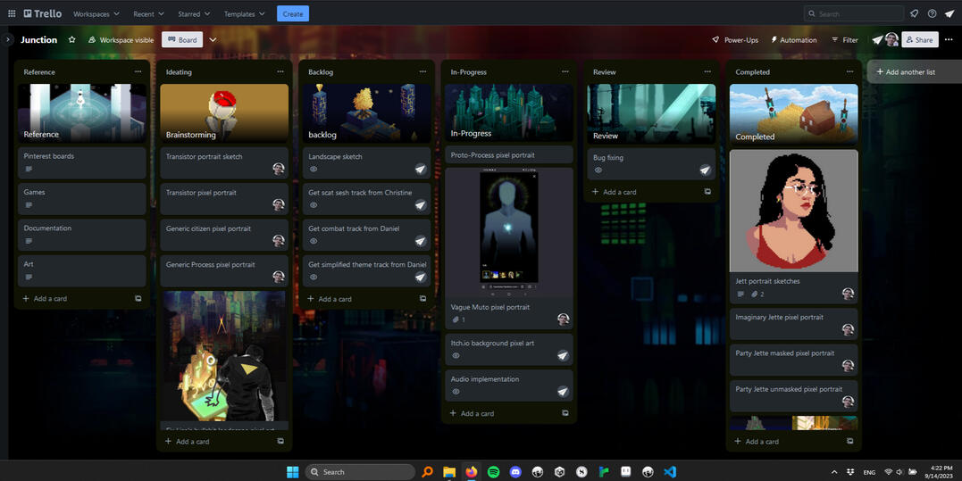 A screenshot of a Trello board, with six columns with six headers of various pixel and fan art of the video game Transistor, with several cards under each column.