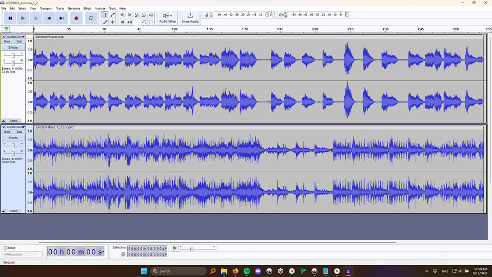 A screenshot of the audio mixing program Audacity, with two stereo tracks vertically layered and depicted in blue waveform against gray backgrounds.