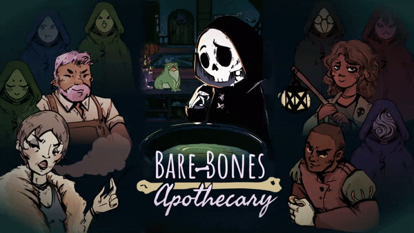 Digitally painted cover art for BARE-BONES APOTHECARY: a confused skeleton in a cloak stares at a bubbling cauldron, surrounded by a happy frog and four customers of dubious intent.