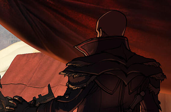 A color illustration of the back of a pale, bald elf clad in impressive leather armor, standing under a red tent